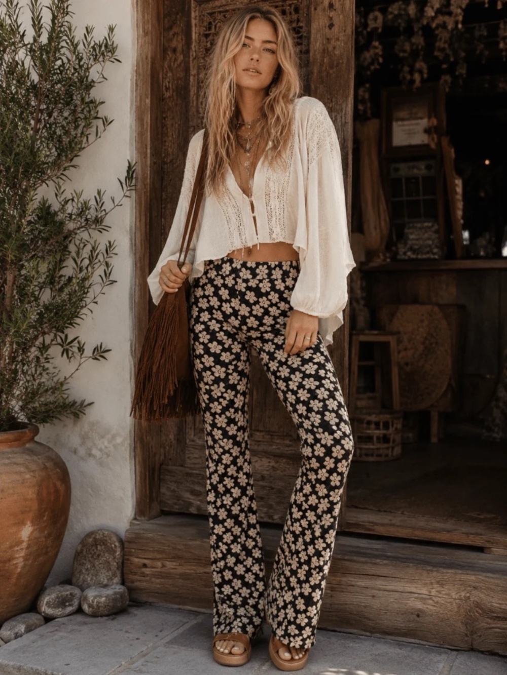 "Main Strip" Women's Elastic Waist Bell Leg Color Block Floral Pants